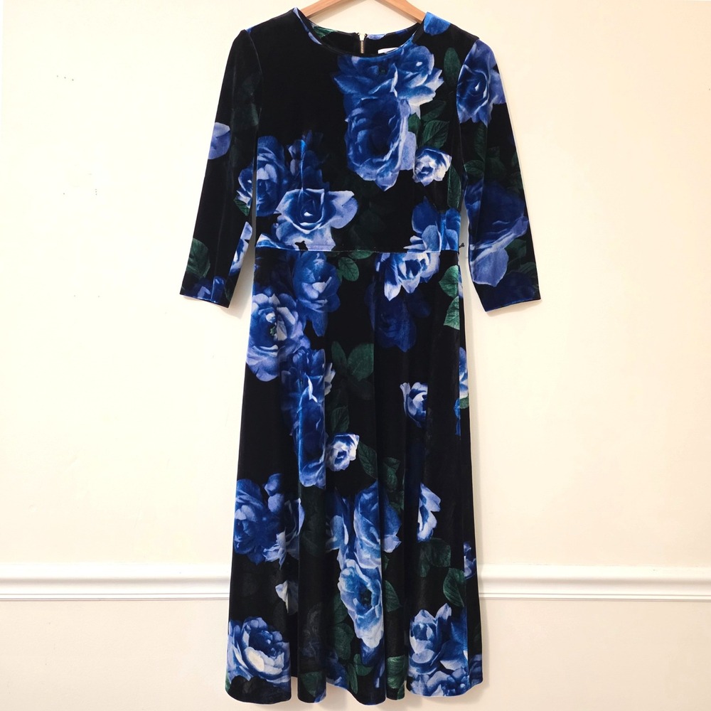 Calvin Klein Dark Floral Velvet Midi Dress Sz 10 Blue Rose Office‎ Evening - Picture 2 of 15